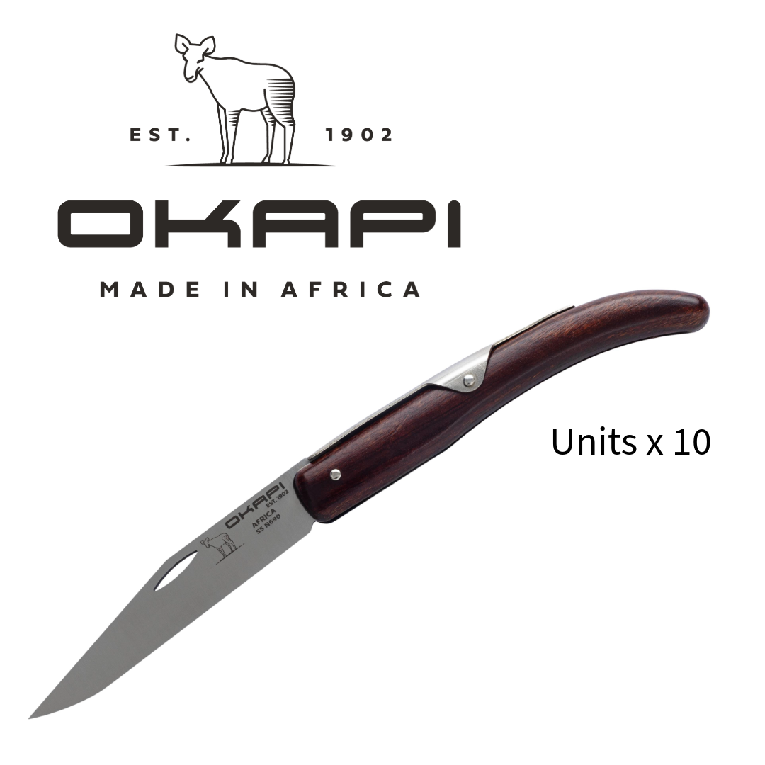 Okapi wood veneer folding knife bulk 10 pack South African classic retail POS