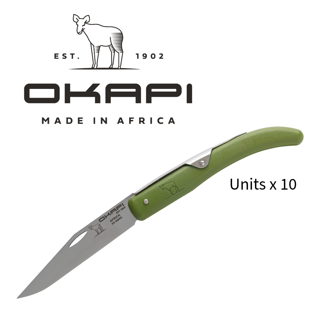 Okapi olive green folding knife bulk 10 pack South African classic retail POS