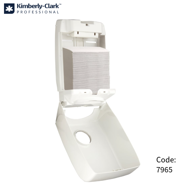 White Kimberly-Clark Professional folded hand towel dispenser which is in the open position showing how hand towels are loaded