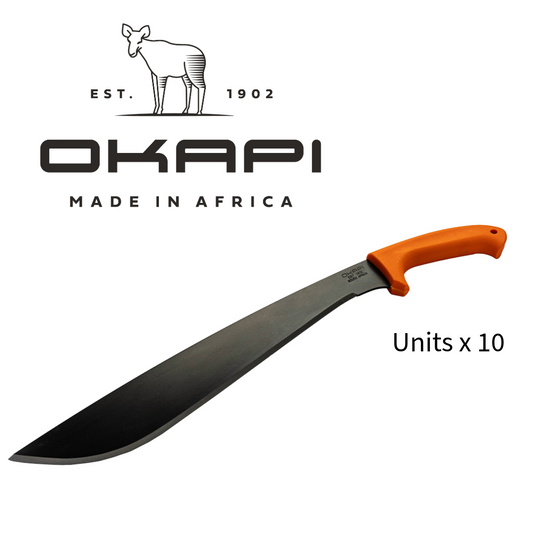 Image of Okapi 10-pack Jungle Machete with orange handles. Blade length: 420mm 
Handle length: 150mm
Total length: 570mm
Weight (Kg): 0.66
Handle Material: Polypropylene
Blade Material: 1055 Carbon Steel, Powder Coated
Handle Colour: Okapi Orange or Tactical Black
Blade Thickness: 2.8mm
Sharpening Angle: 22 degrees
Hardness: HRC 48-52