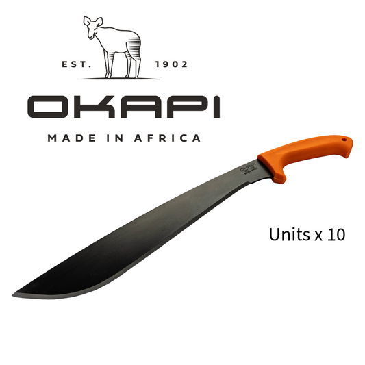 Image of a 10 -pack Okapi Kukri Machete with orange handle. Blade length: 335mm 
Handle length: 130mm
Total length: 465mm
Weight (Kg): 0.48
Handle Material: Polypropylene
Blade Material: 1055 Carbon Steel, Powder Coated
Handle Colour: Okapi Orange or Tactical Black
Blade Thickness: 2.8mm
Sharpening Angle: 22 degrees
Hardness: HRC 48-52