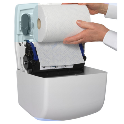 Image of Kimberly Clark 7955 rolled slimoll hand towel dispenser. Image shows the dispenser being opened and a new rolled towel being loaded into the mechanis. BUy it from Orbit Industrial