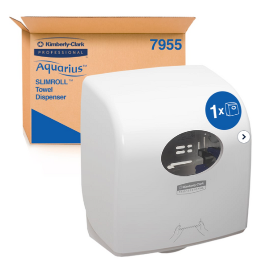Kimberly-Clark Aquarius hand towel dispenser for large rolls. Easy to install and cost effective