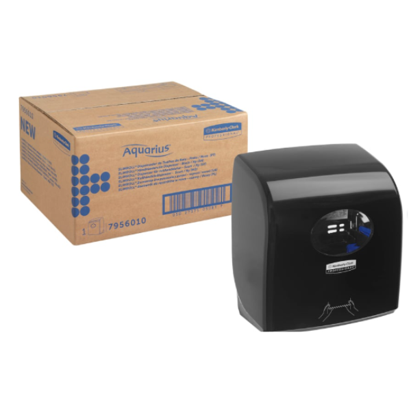 Black rolled hand towel dispenser by Kimberly-Clatk product code 7956. Wall-mounted design ideal for dispensing paper 6955