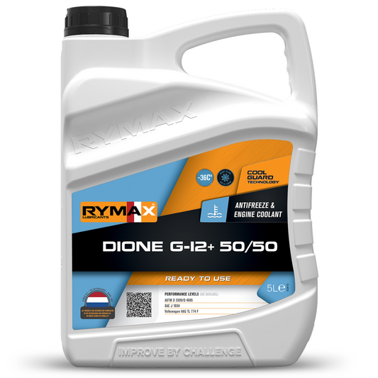 Image Rymax Dione G-12+ 50/50 antifreeze & engine coolant in a beautiful 5litre container bottle. This coolant is the best antifreeze to be used in Porches, Mercedes-Benz, BMW and audi vehicles
