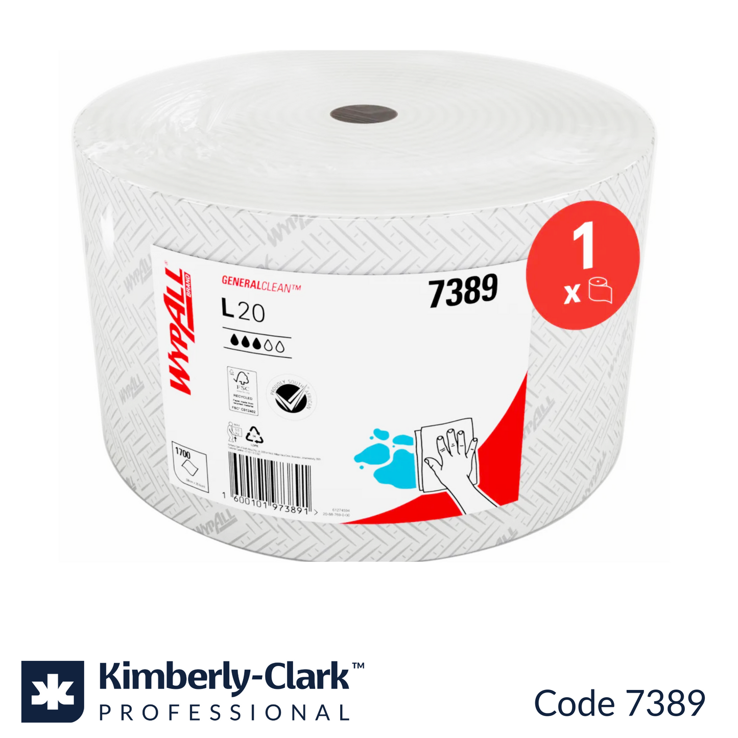 7389 WypAll L20 Large Roll Wipers | 2-Ply | 1,700 Sheets | 646m
