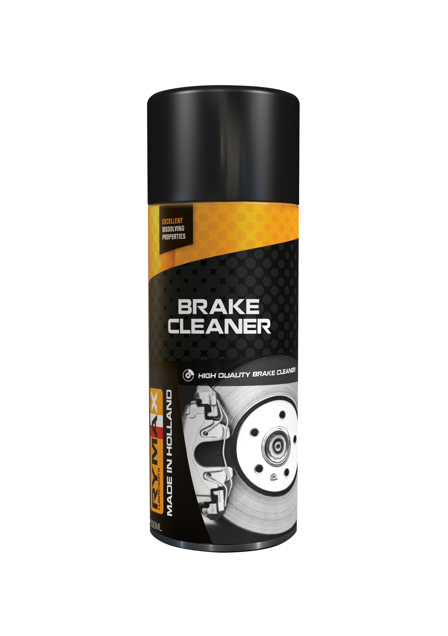 Image of Rymax Brake Cleaner aerosol in a 500ml spray tin. This is an excellent brake cleaner developed for use in high en vehicles with color coded brake calipers since it does not attack the paint. Imported by Orbit industrial
