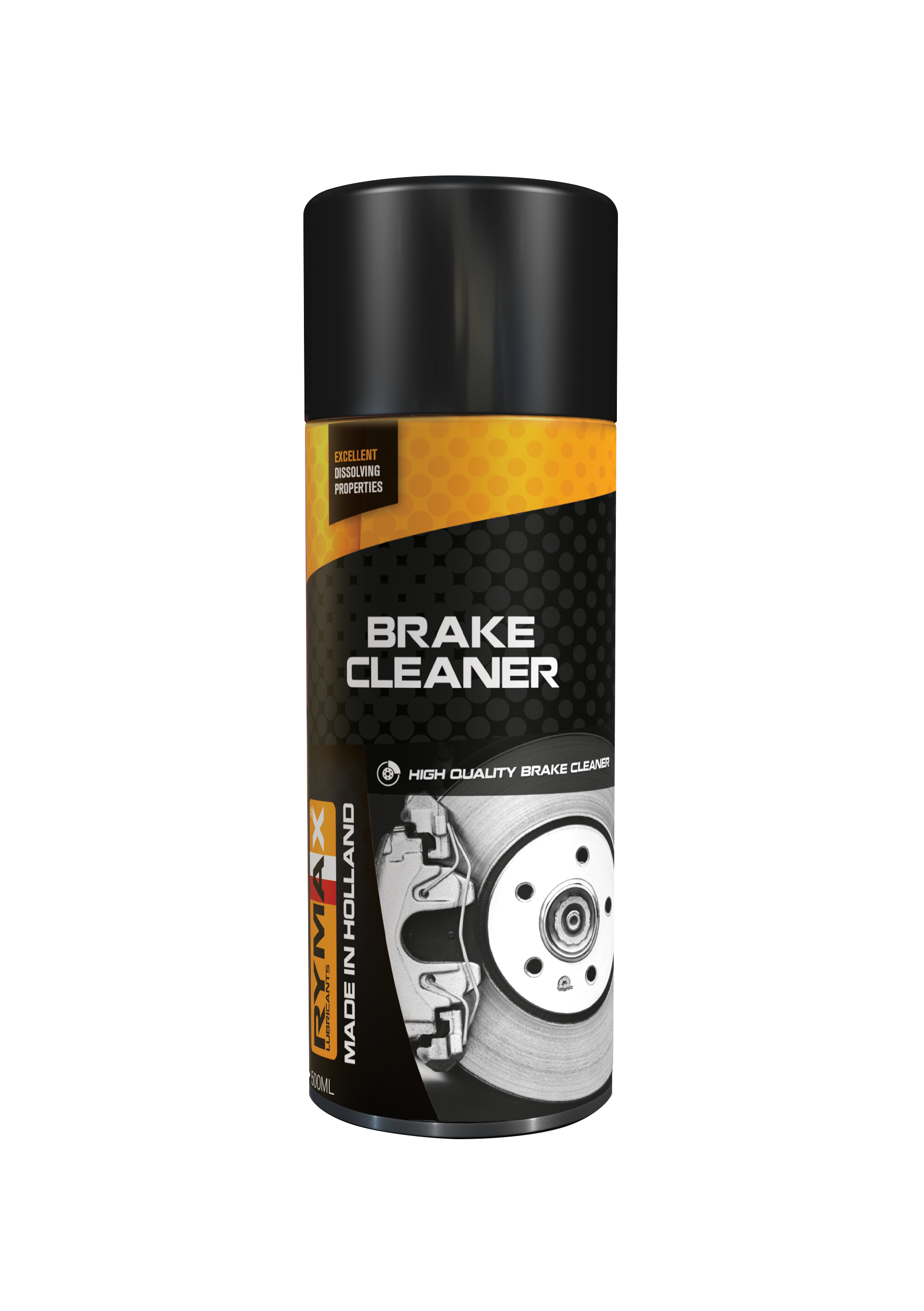 Image of Rymax Brake Cleaner aerosol in a 500ml spray tin. This is an excellent brake cleaner developed for use in high en vehicles with color coded brake calipers since it does not attack the paint. Imported by Orbit industrial